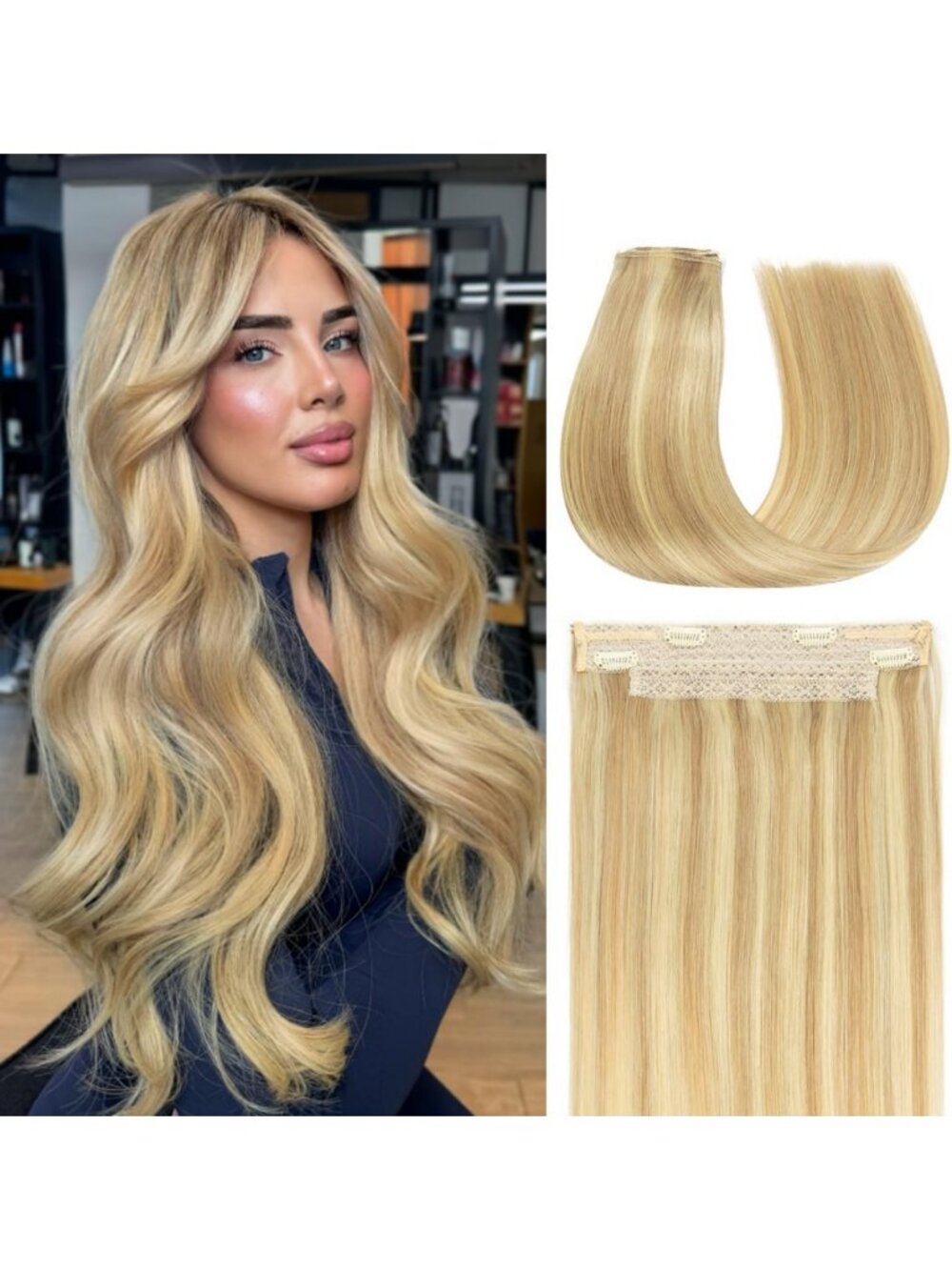 20" Halo Hair Extensions - Ash Blonde Highlights, Real Human Hair, 90g